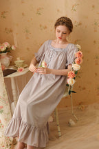 Square-Necked Nightgown with Lace and Ruffles