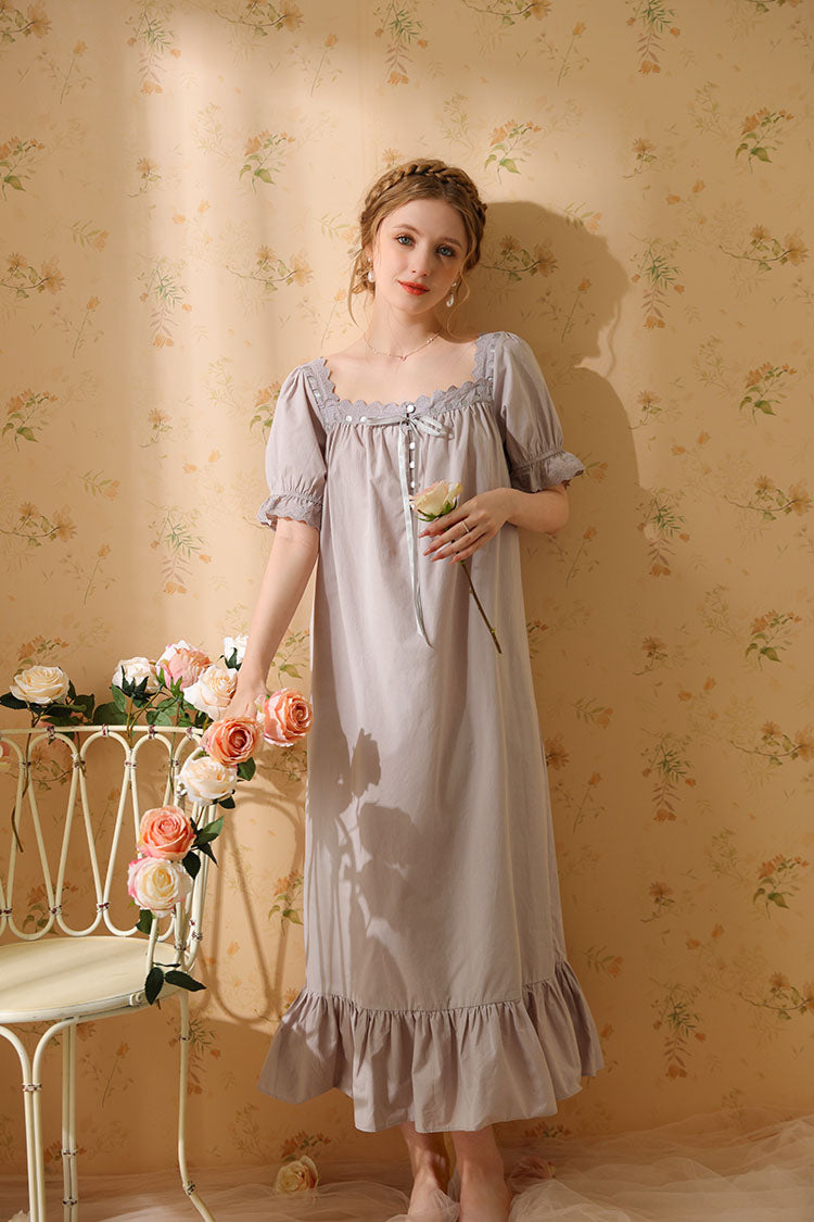 Square-Necked Nightgown with Lace and Ruffles