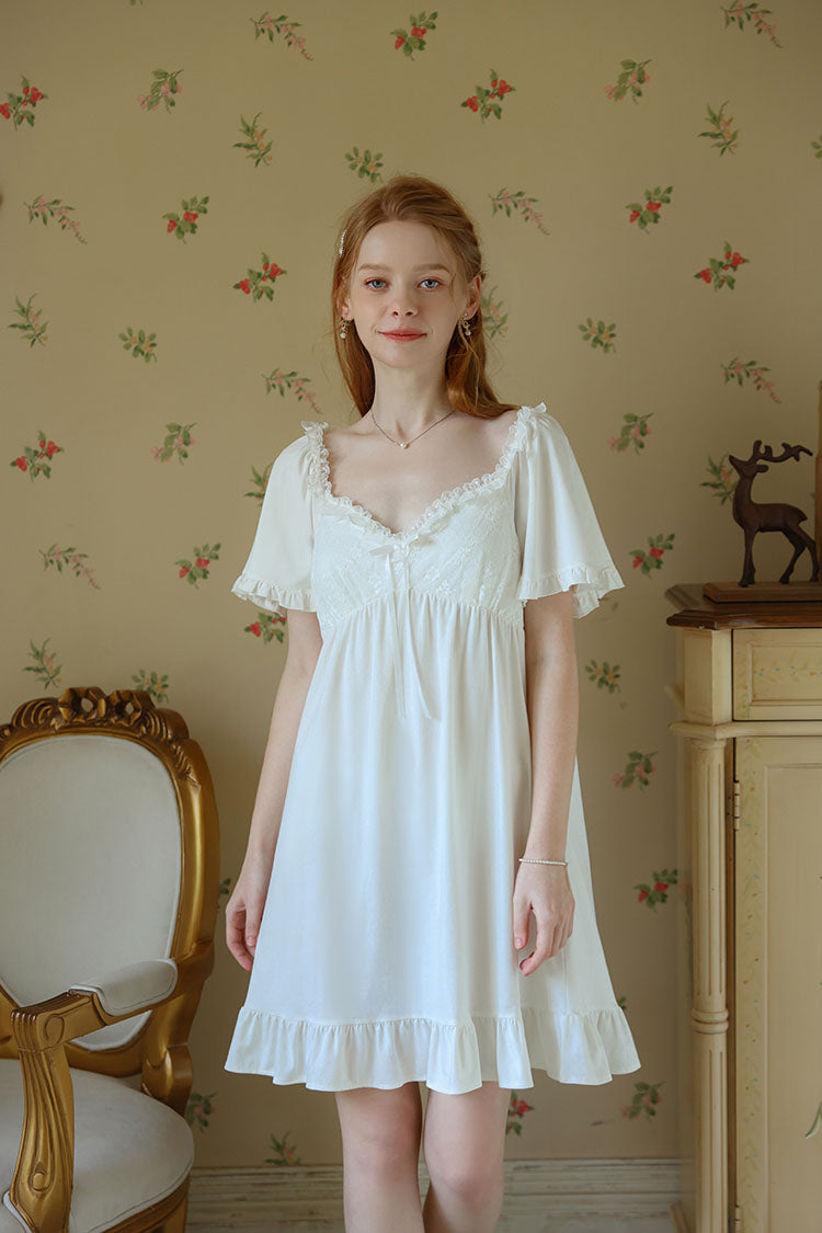 Ruffled Nightgown with Ribbon Decoration
