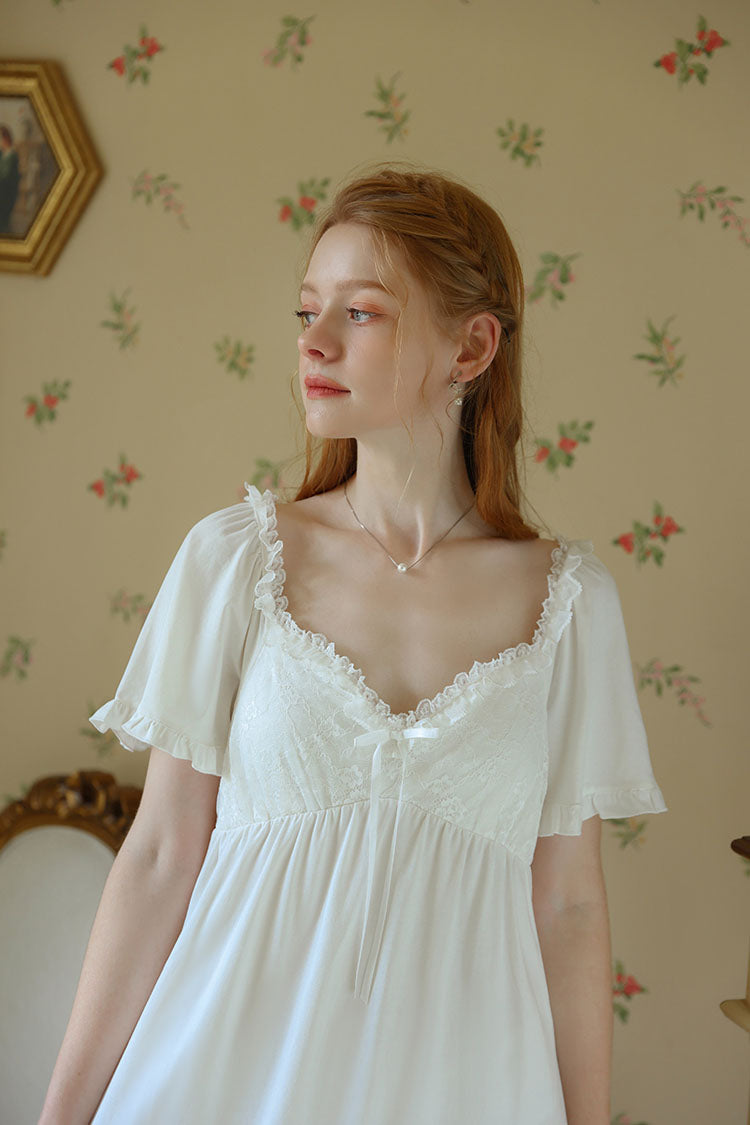 Ruffled Nightgown with Ribbon Decoration