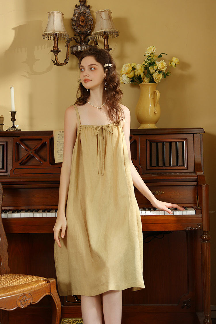 Beige Pure Cotton Spaghetti Strap Nightgown