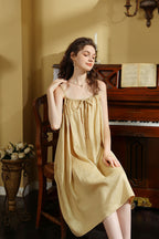 Beige Pure Cotton Spaghetti Strap Nightgown