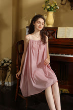Pink Pure Cotton Spaghetti Strap Short Nightgown