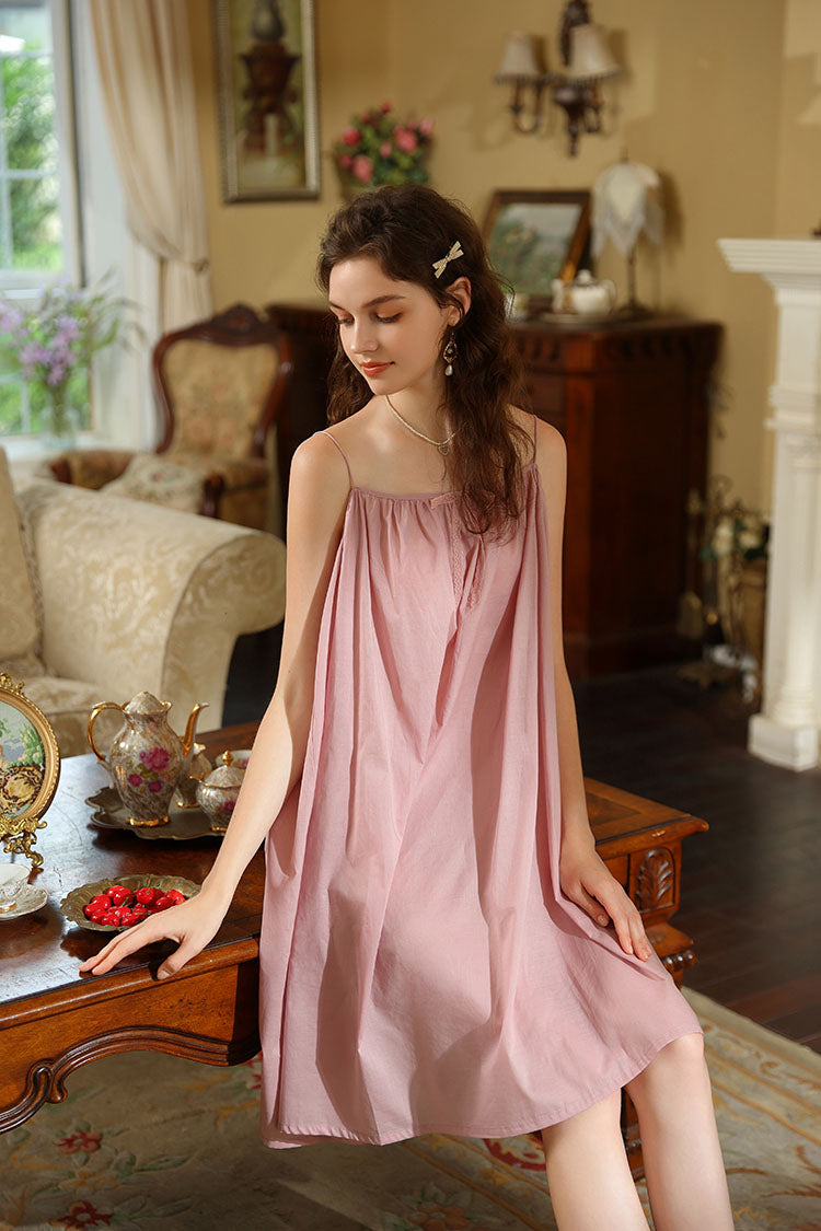 Pink Pure Cotton Spaghetti Strap Short Nightgown
