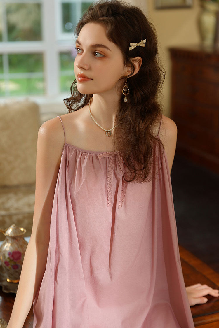 Pink Pure Cotton Spaghetti Strap Short Nightgown