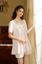 Ruffled Lace Trimmed Flared Hem Top & Shorts Pajama Set