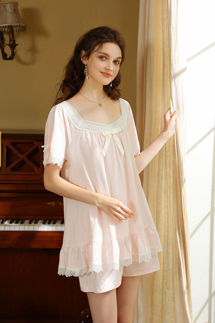 Ruffled Lace Trimmed Flared Hem Top & Shorts Pajama Set