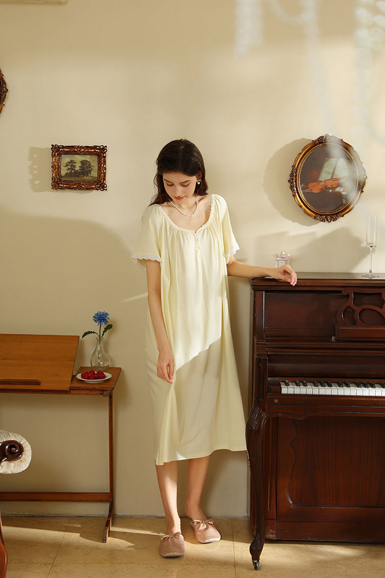 Short Sleeved Ruffled Neckline Nightgown