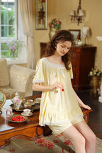 Ruffled Lace Trimmed Flared Hem Top & Shorts Pajama Set