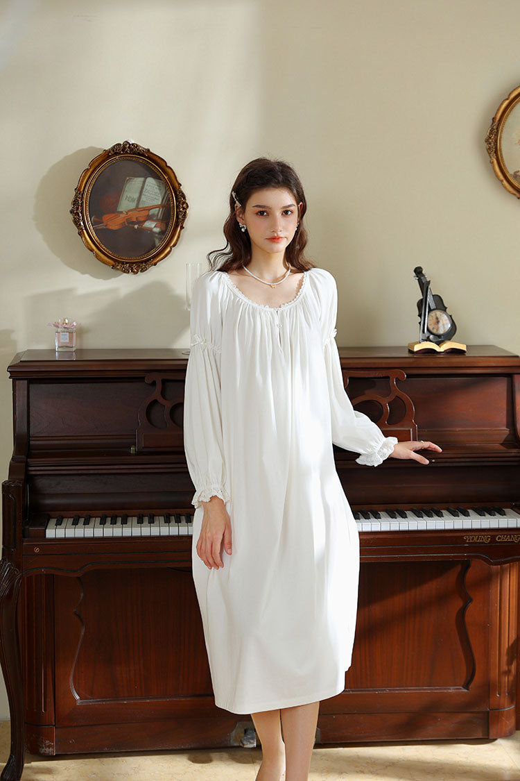 Vintage Style Long Nightgown with Ruffled Neckline