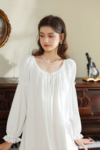 Vintage Style Long Nightgown with Ruffled Neckline