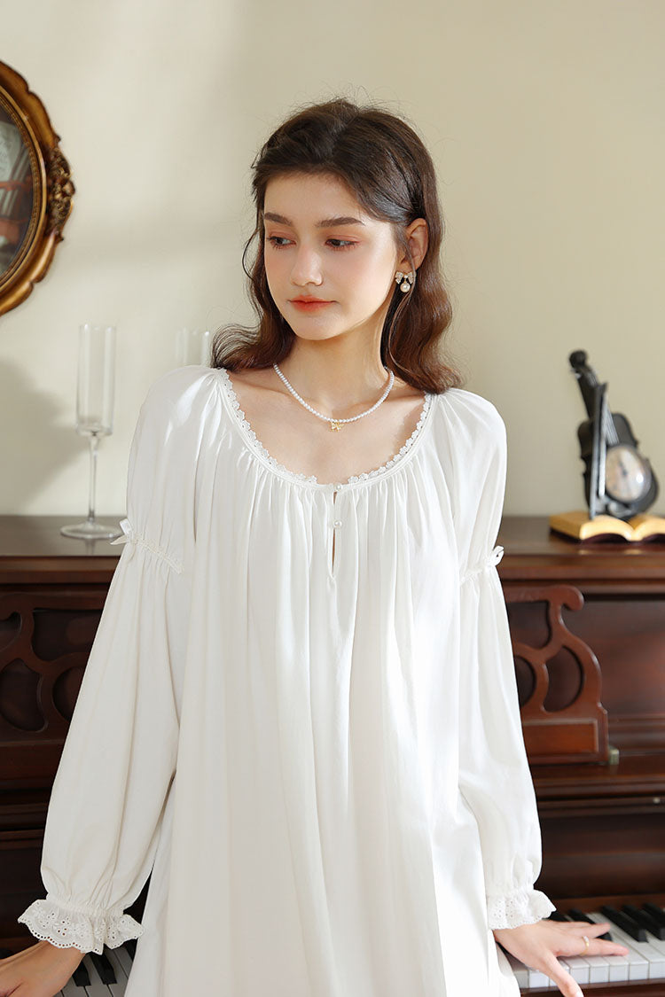 Vintage Style Long Nightgown with Ruffled Neckline