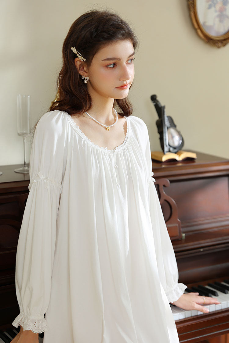 Vintage Style Long Nightgown with Ruffled Neckline