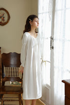 Vintage Style Long Nightgown with Ruffled Neckline
