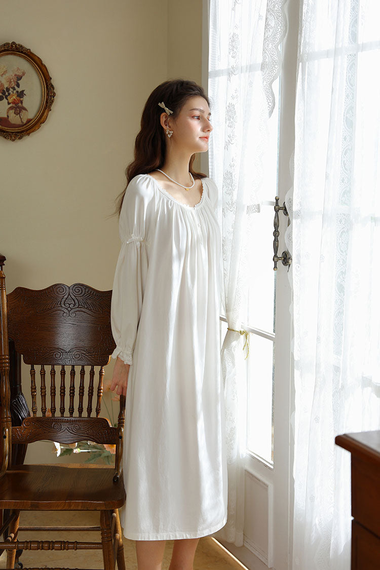 Vintage Style Long Nightgown with Ruffled Neckline