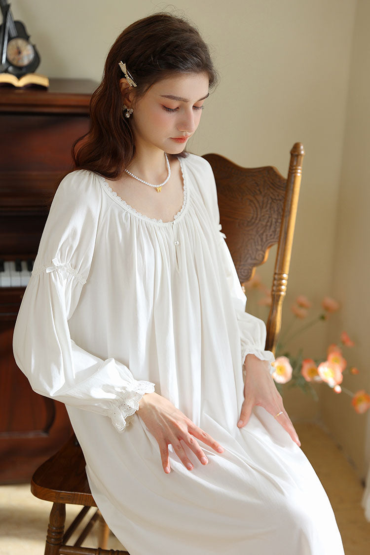 Vintage Style Long Nightgown with Ruffled Neckline