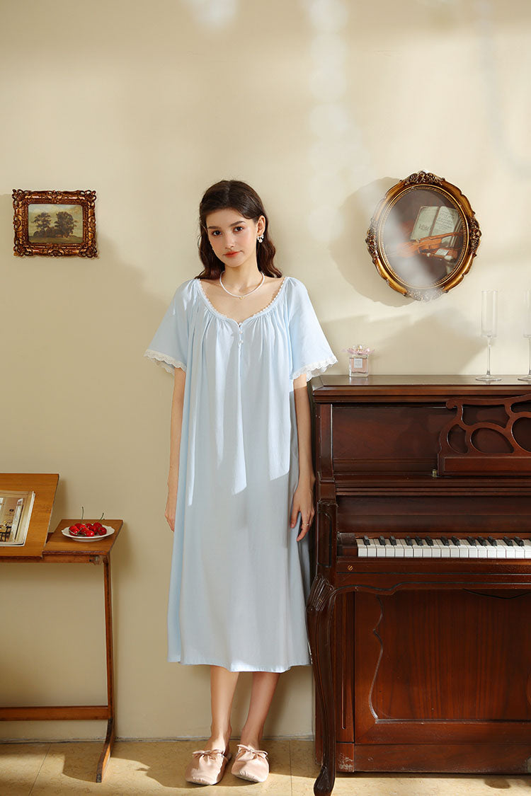 Short Sleeved Ruffled Neckline Nightgown