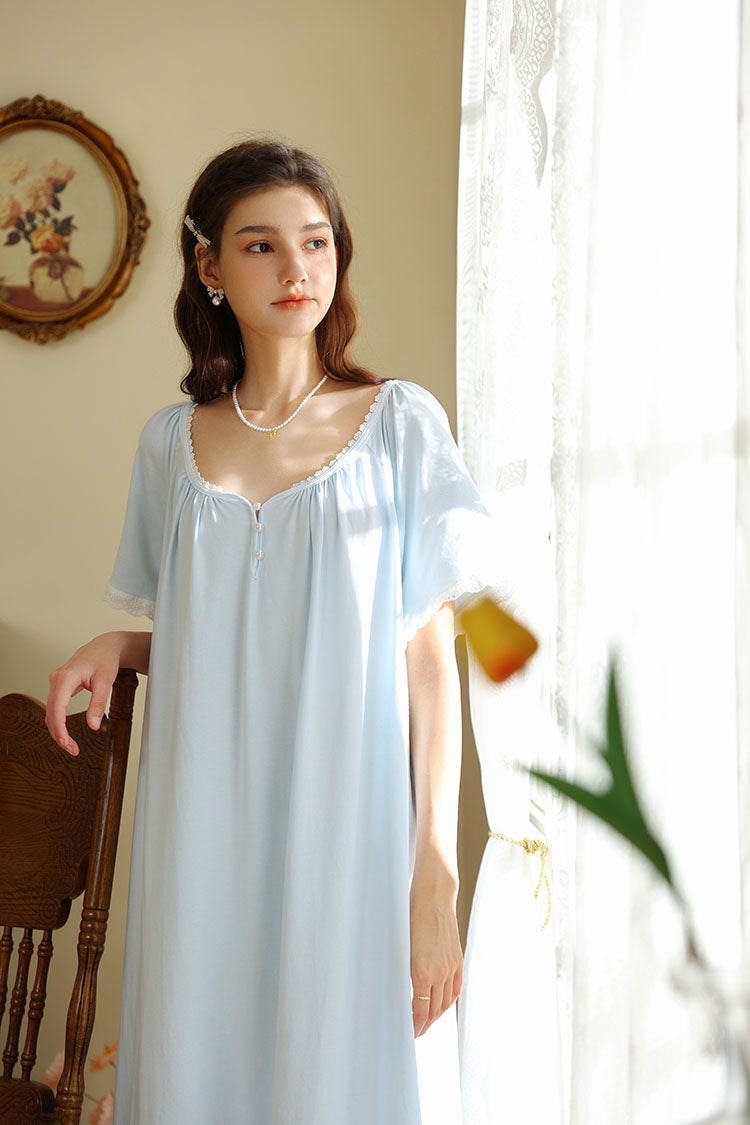 Short Sleeved Ruffled Neckline Nightgown