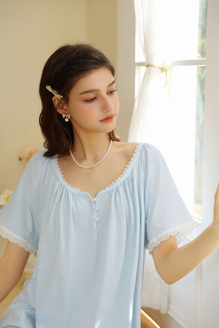 Short Sleeved Ruffled Neckline Nightgown