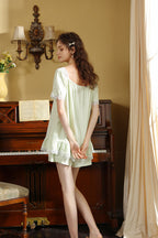 Ruffled Lace Trimmed Flared Hem Top & Shorts Pajama Set