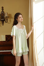 Ruffled Lace Trimmed Flared Hem Top & Shorts Pajama Set