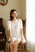 Ruffled Lace Trimmed Flared Hem Top & Shorts Pajama Set