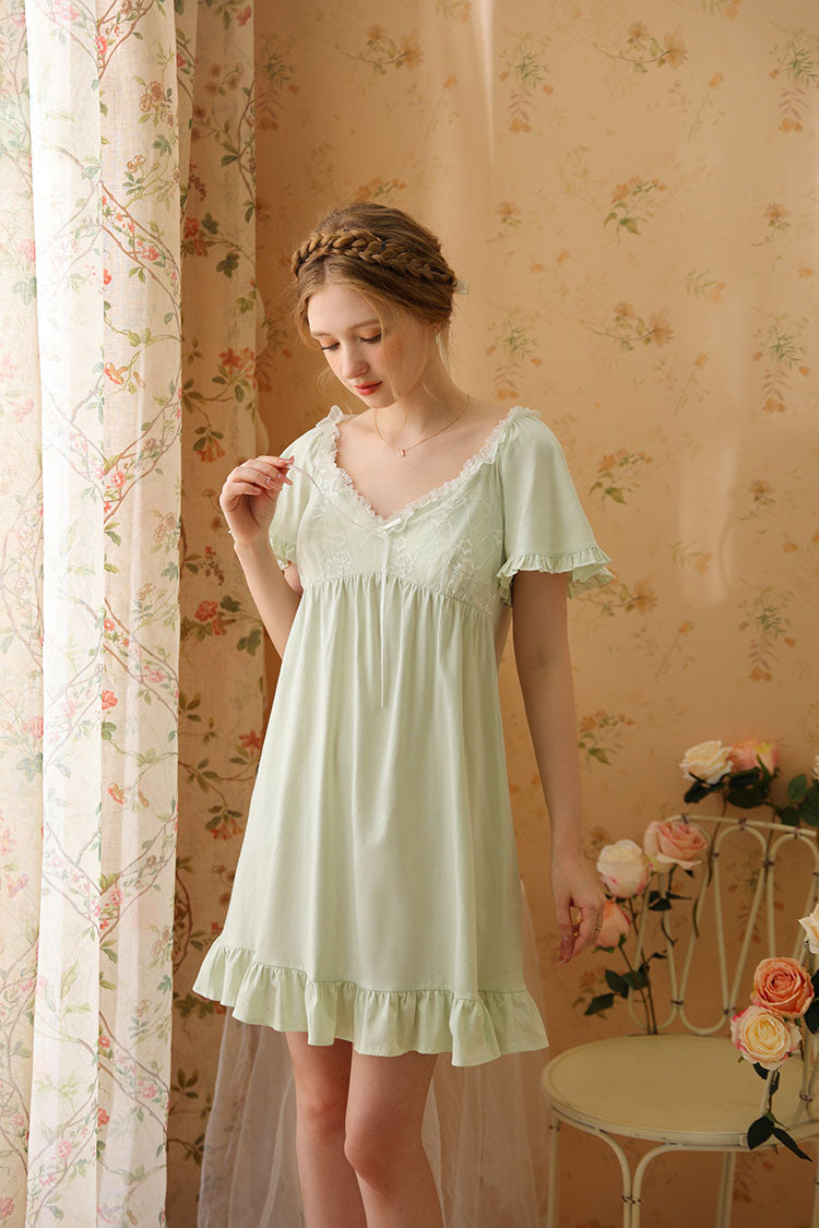 Ruffled Nightgown with Ribbon Decoration
