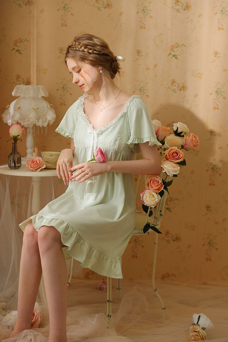 Ruffled Nightgown with Ribbon Decoration