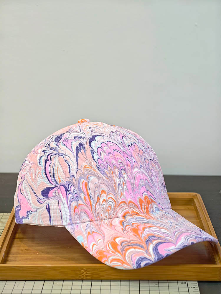 Hand Made Water Marble Cap Feather Texture - Pink Dream