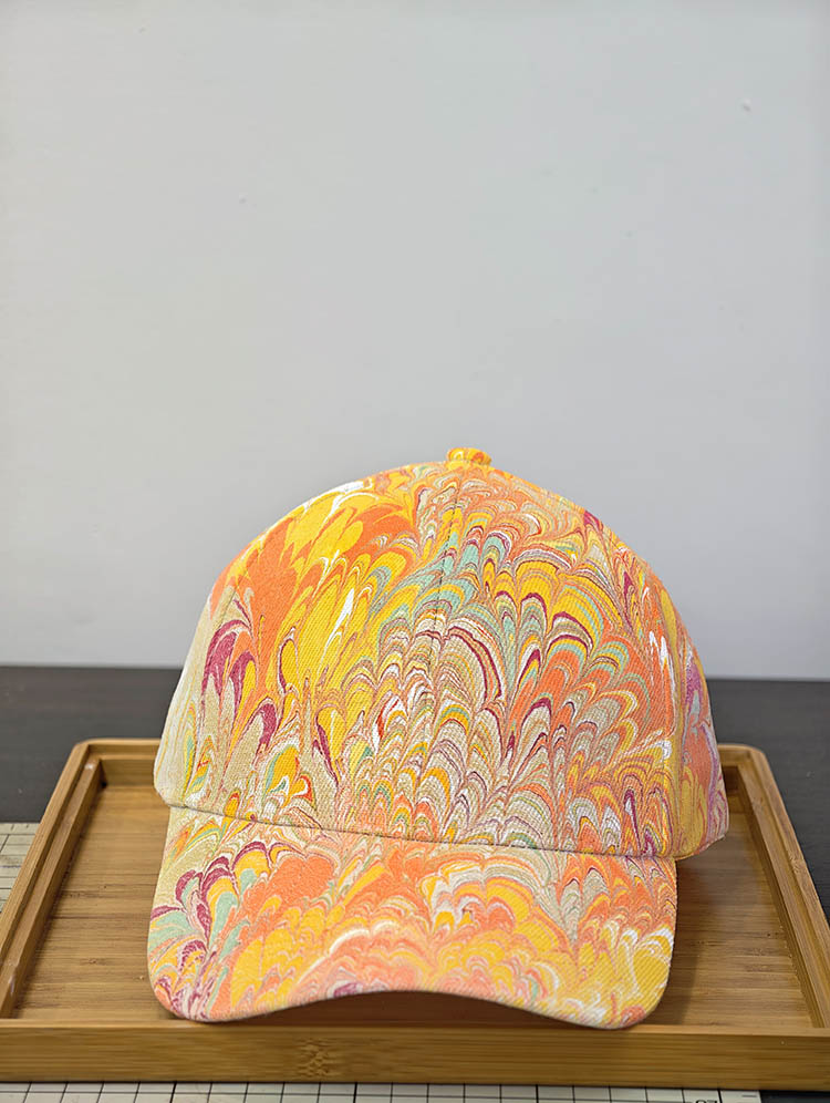 Hand Made Water Marble Cap Feather Texture - Yellow Theme