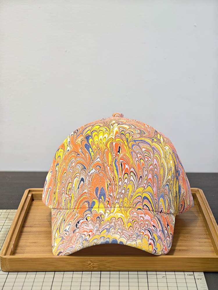 Hand Made Water Marble Cap Feather Texture - Yellow Theme 2