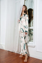 Plant Printed Silk 2Pcs Pajamas Set