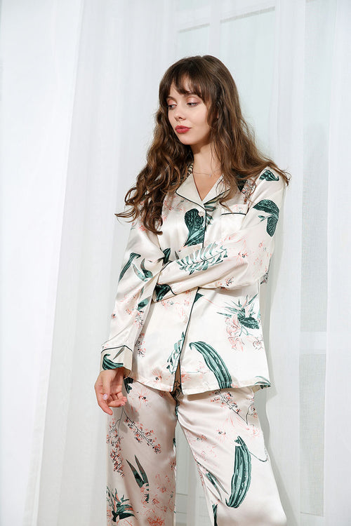Plant Printed Silk 2Pcs Pajamas Set