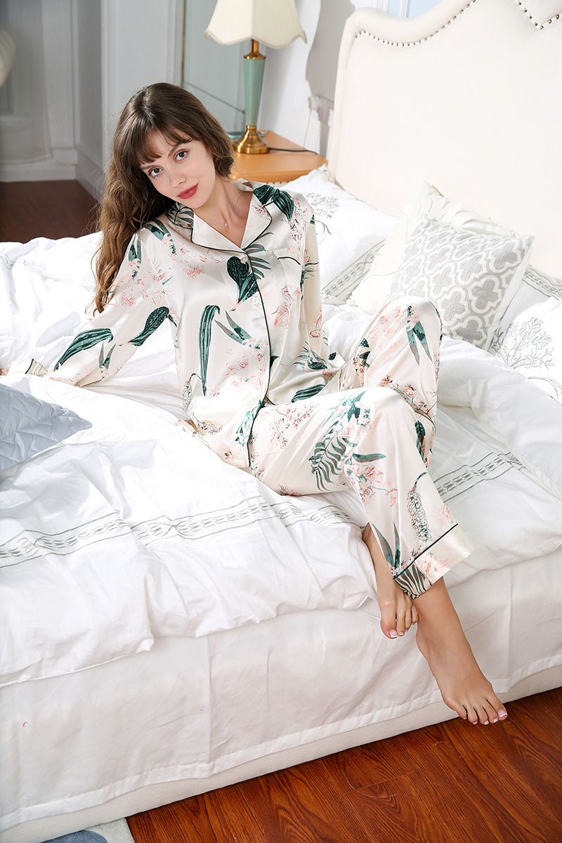 Plant Printed Silk 2Pcs Pajamas Set