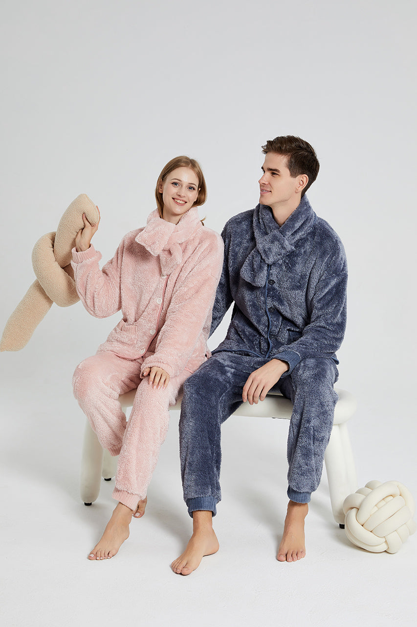 Warm Coral Fleece Pajamas Set With Scarf