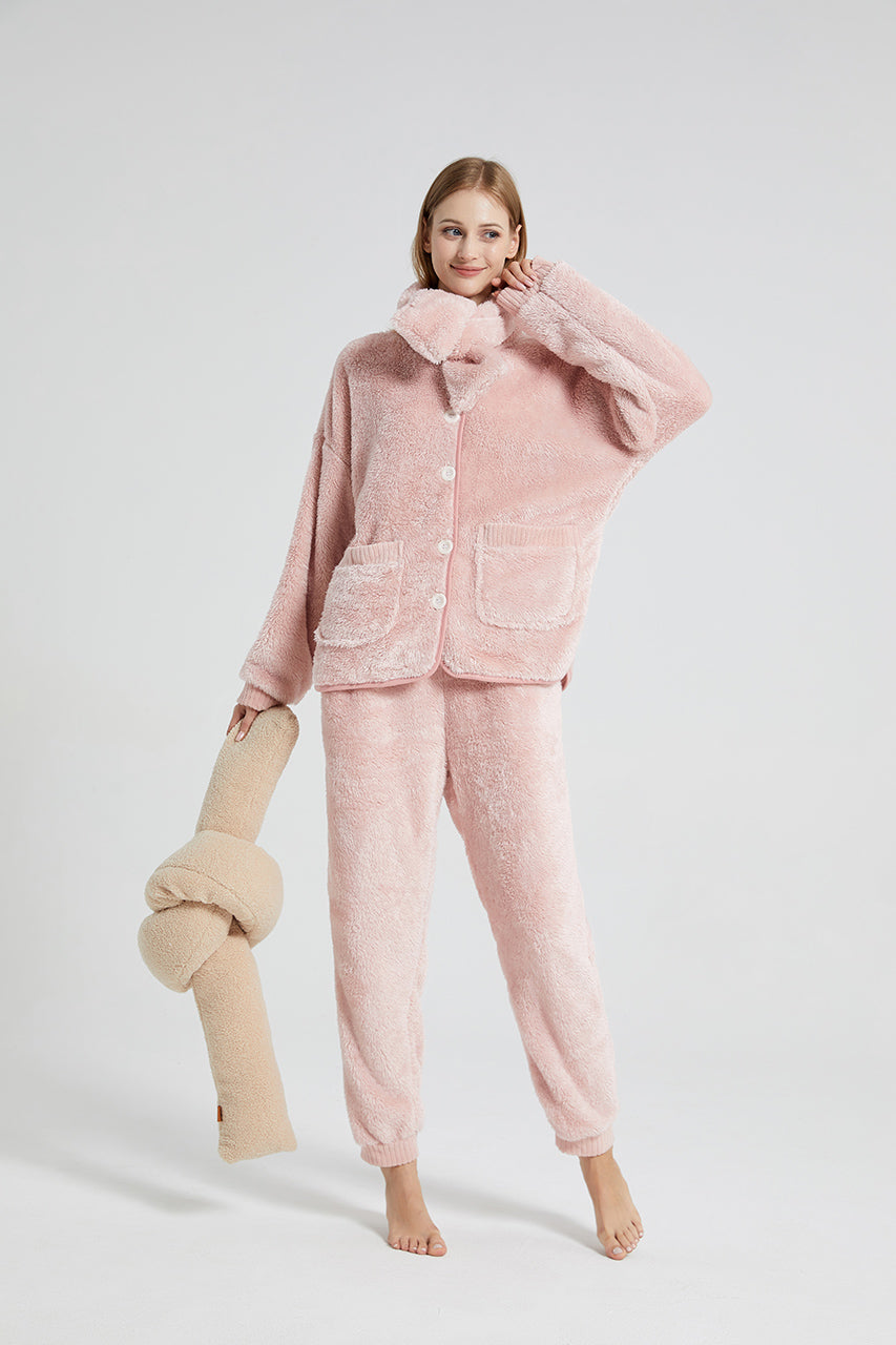 Warm Coral Fleece Pajamas Set With Scarf