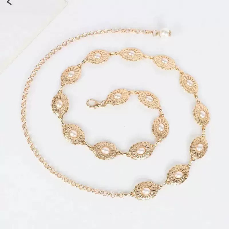 Bohemian Gold Pearl-Inlaid Openwork Body Chain