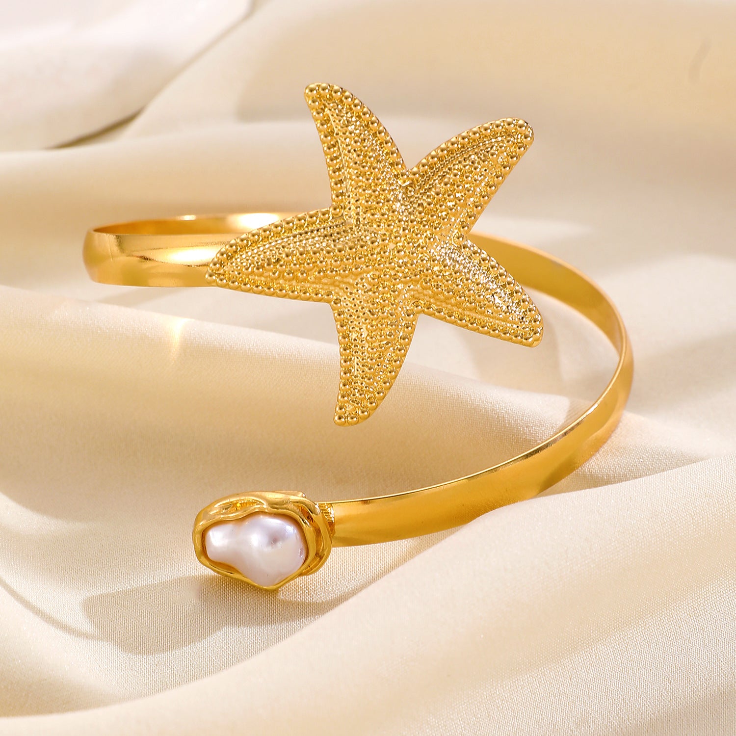 【17】Adjustable Gold Starfish Pearl Arm Cuff Bracelet