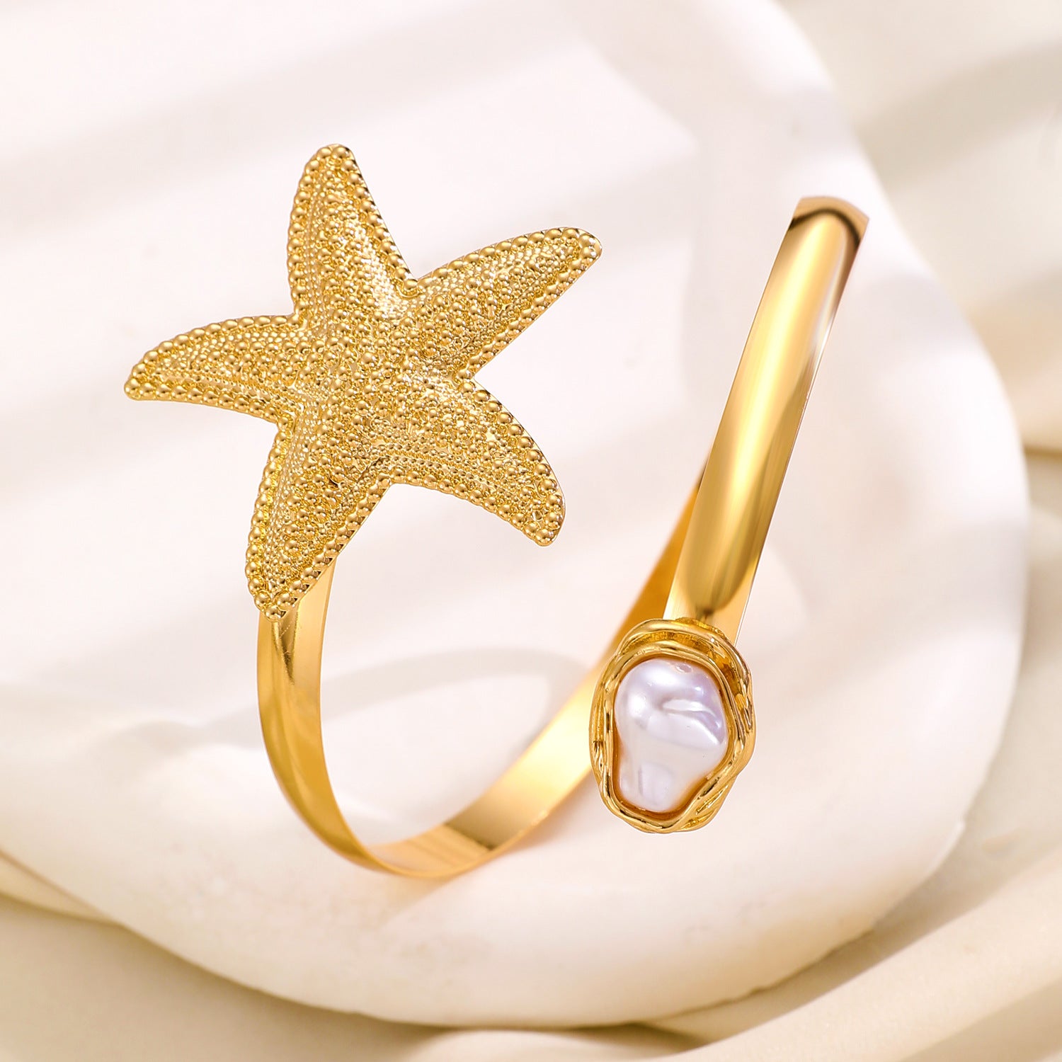 【17】Adjustable Gold Starfish Pearl Arm Cuff Bracelet