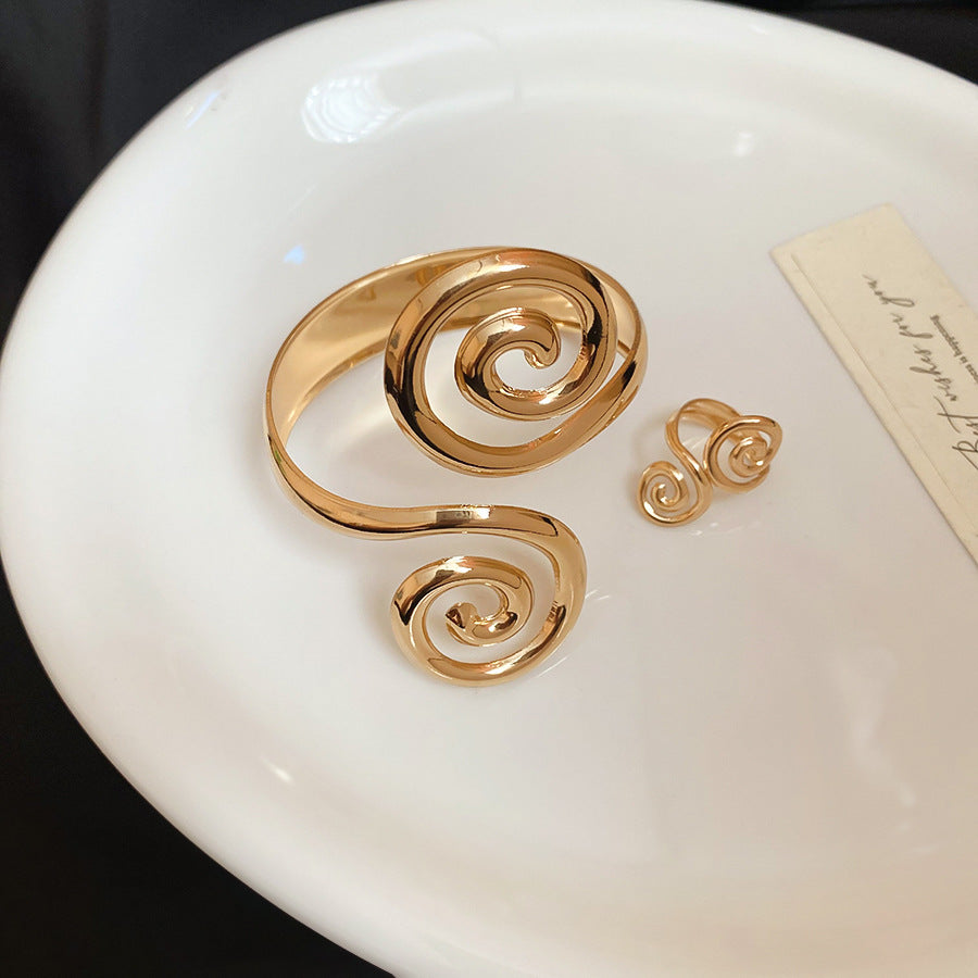 Spiral Design Gold Cuff Bracelet and Ring Set