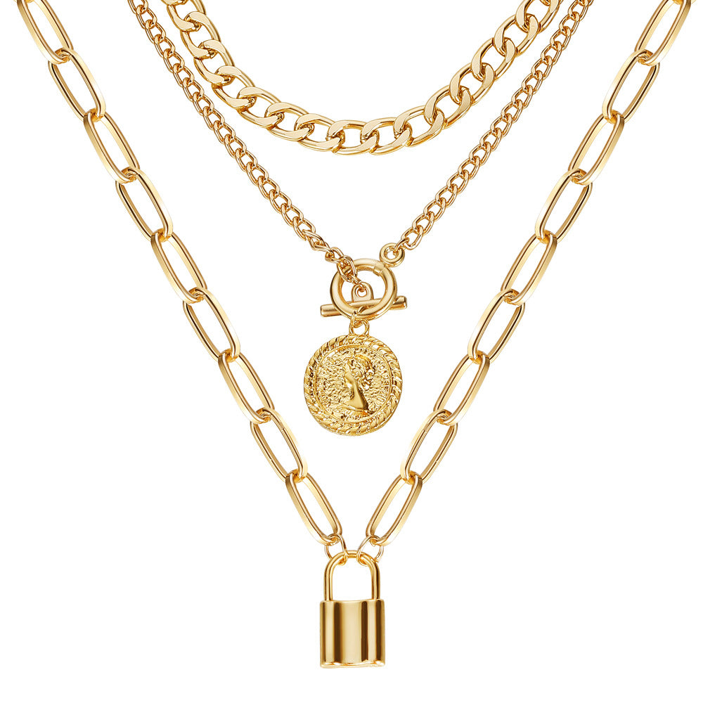 Coin & Padlock Pendant Necklace Set