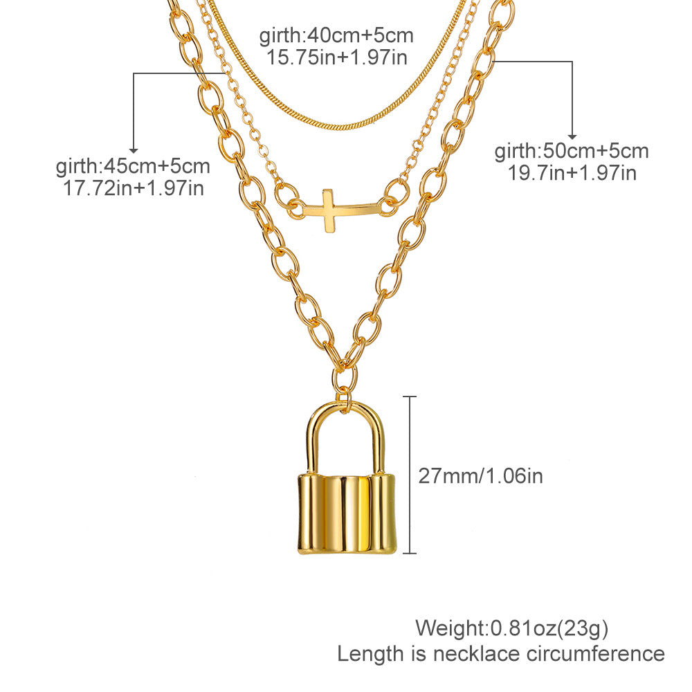 Cross & Lock Tiered Gold Chain Set