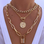 Coin & Padlock Pendant Necklace Set