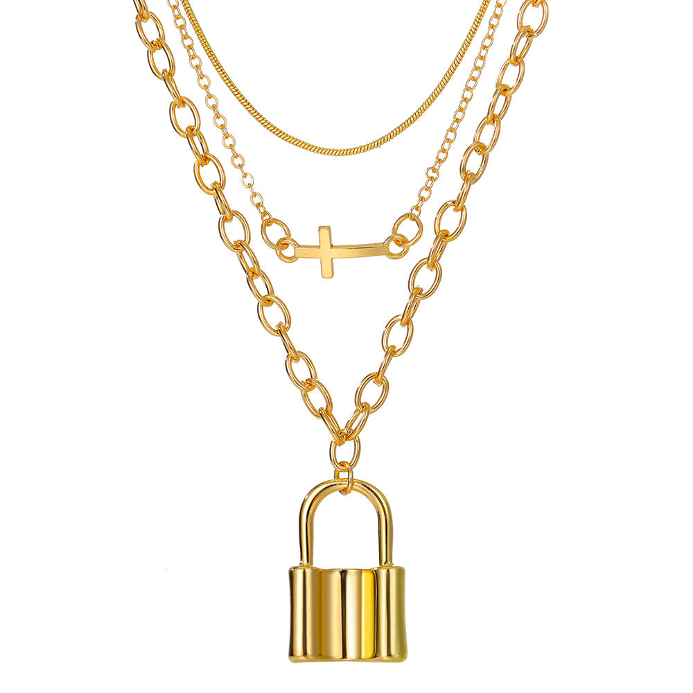 Cross & Lock Tiered Gold Chain Set