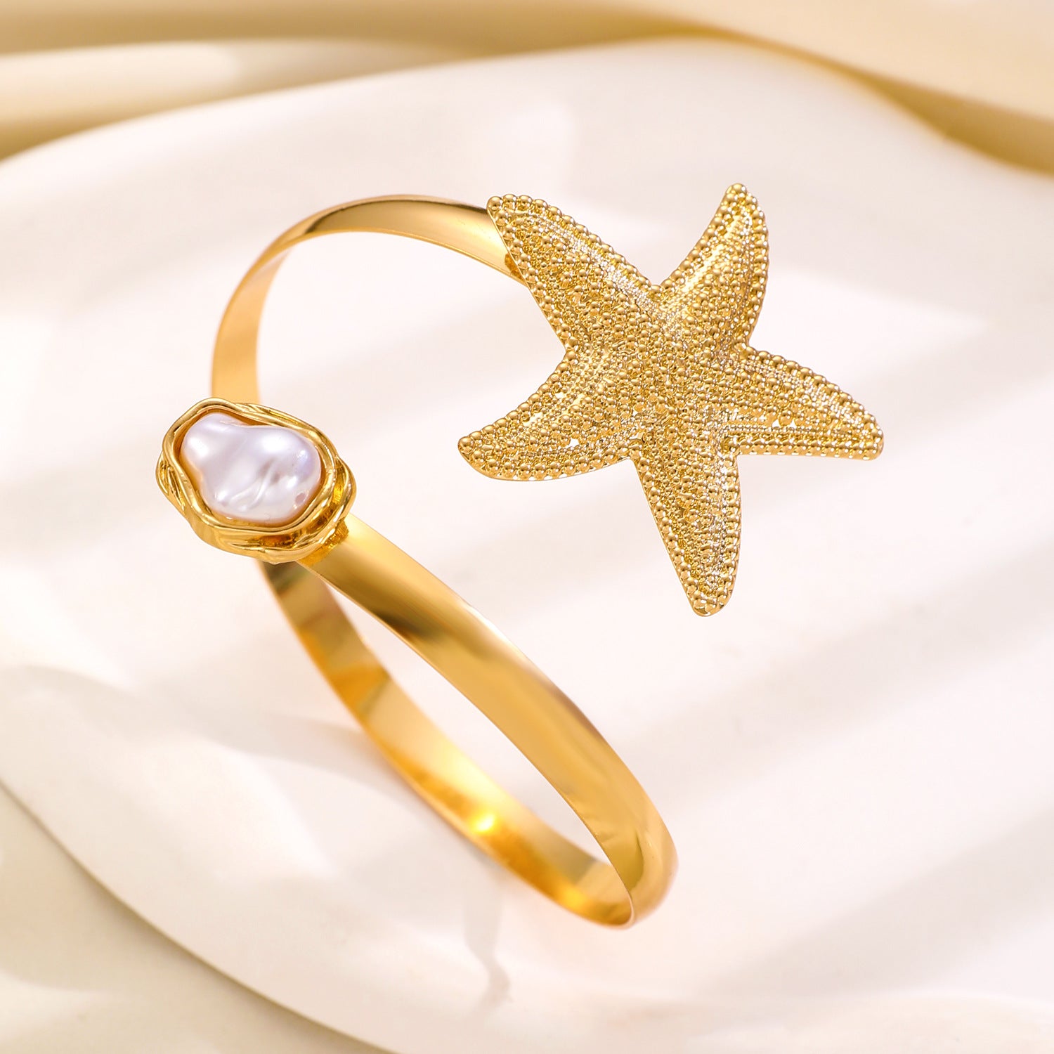 【17】Adjustable Gold Starfish Pearl Arm Cuff Bracelet
