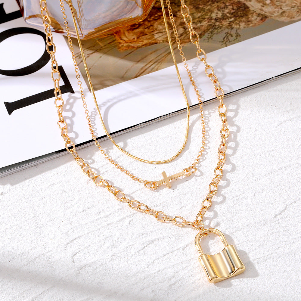 Cross & Lock Tiered Gold Chain Set