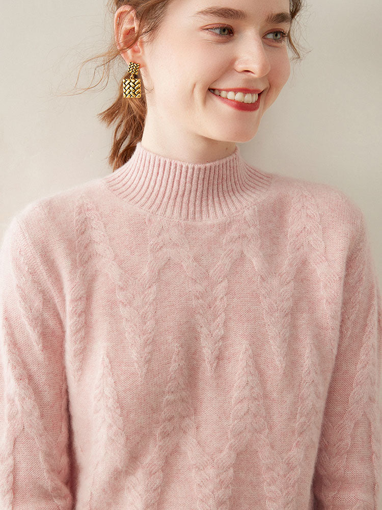 Cable-knit Mock Neck Wool Cashmere Sweater