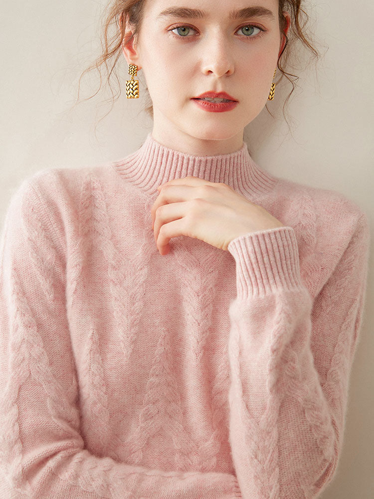 Cable-knit Mock Neck Wool Cashmere Sweater
