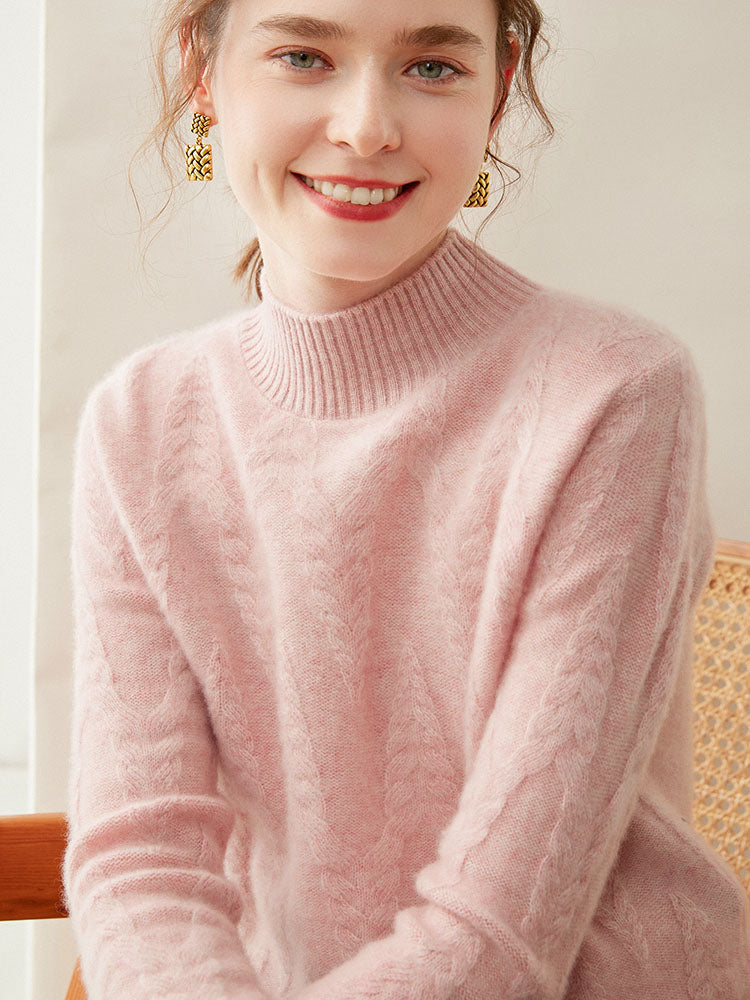 Cable-knit Mock Neck Wool Cashmere Sweater