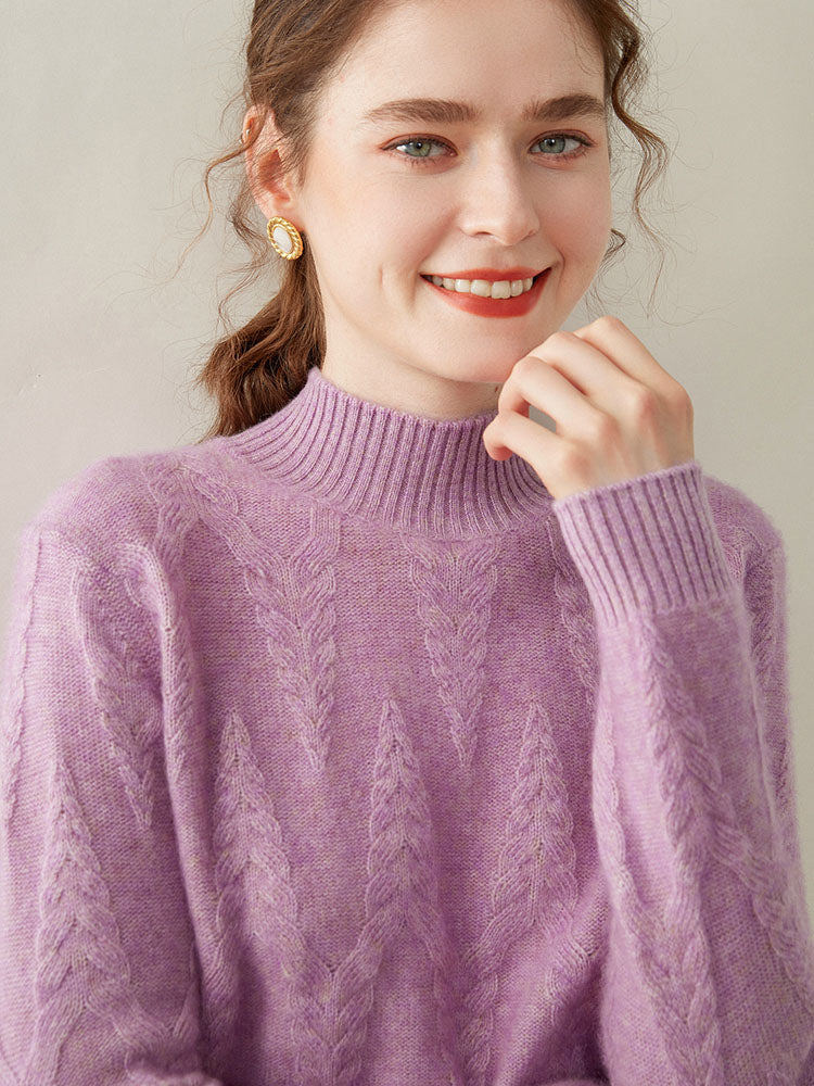 Cable-knit Mock Neck Wool Cashmere Sweater